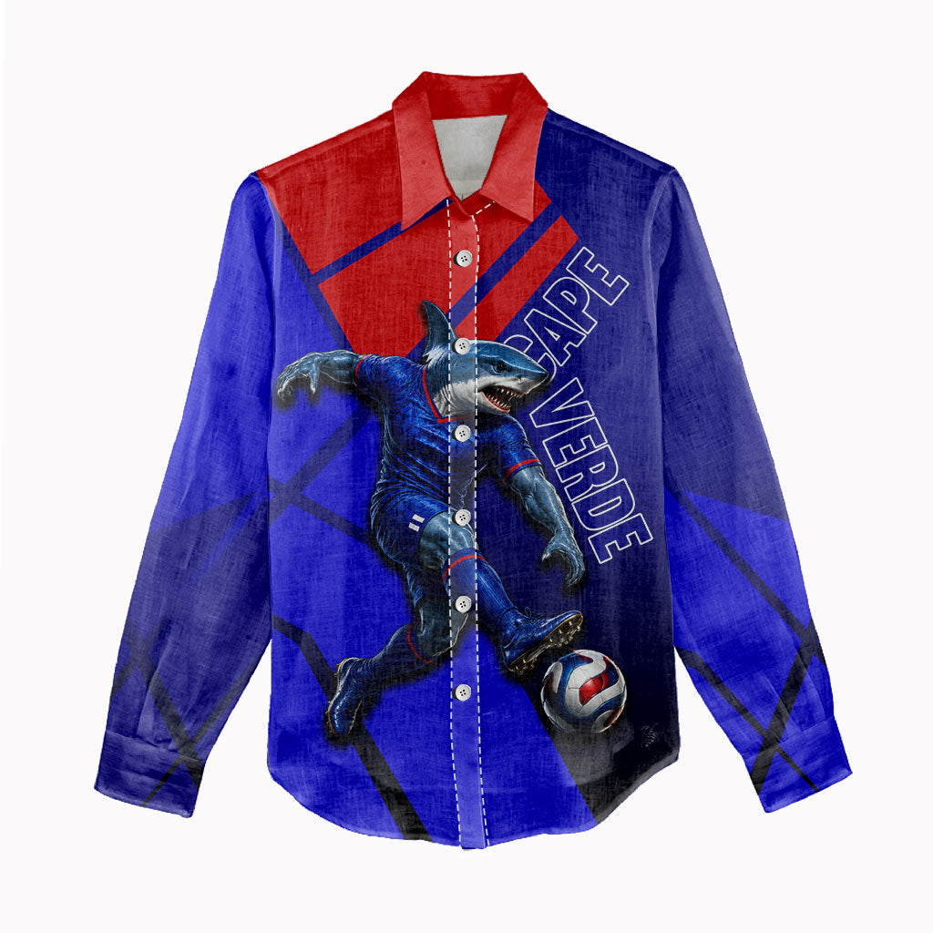 Personalized Cape Verde Soccer Shark Mascot Women Casual Shirt Blue Sharks Football Player Dynamic Graphic