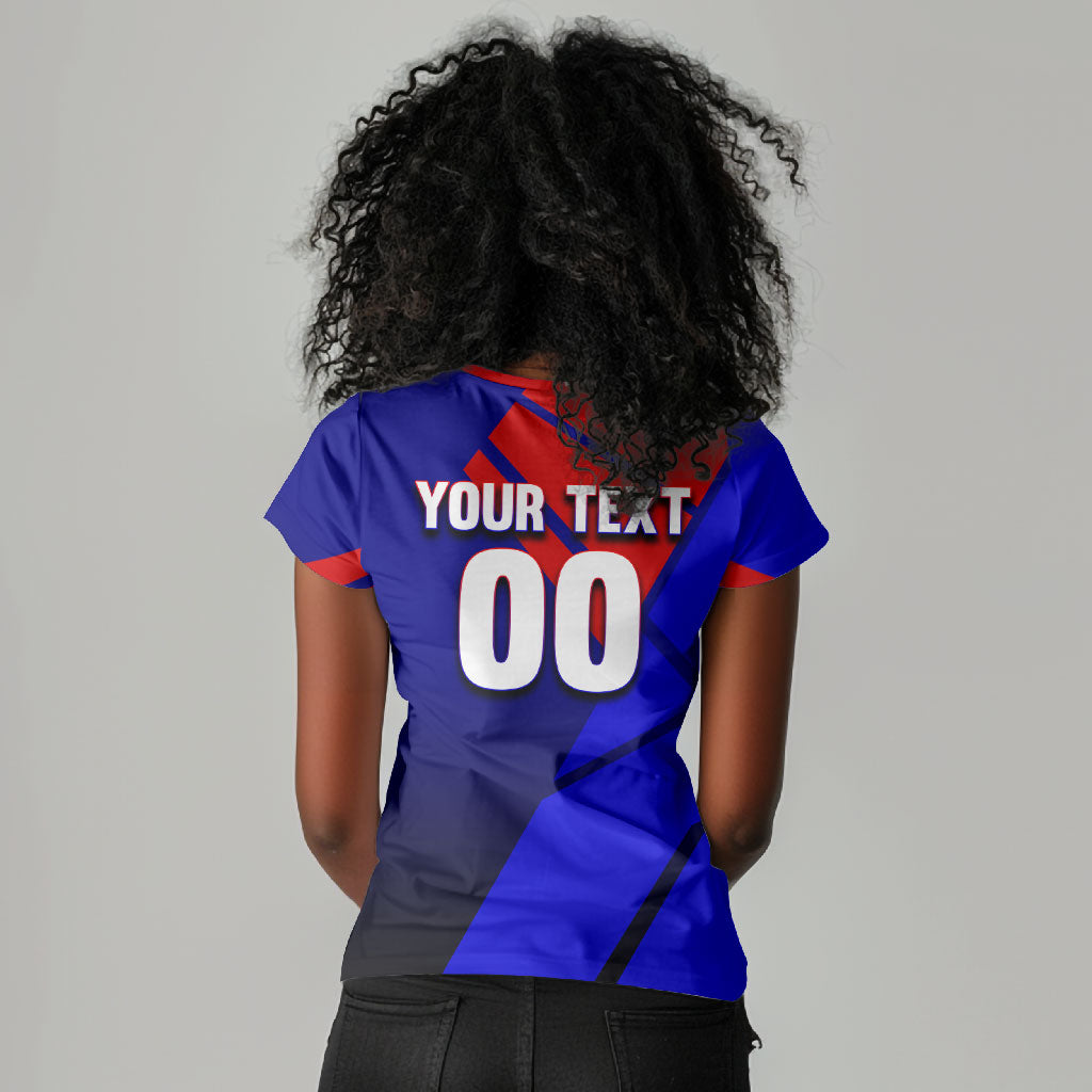 Personalized Cape Verde Soccer Shark Mascot Women V-Neck T-Shirt Blue Sharks Football Player Dynamic Graphic