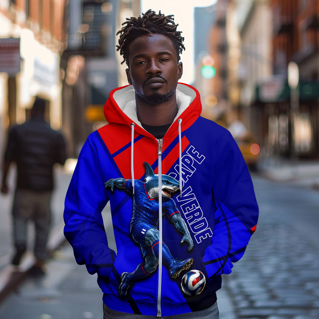 Personalized Cape Verde Soccer Shark Mascot Zip Hoodie Blue Sharks Football Player Dynamic Graphic