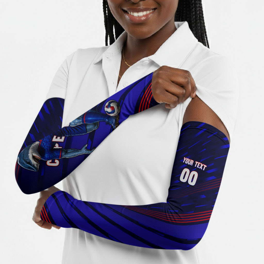 Personalized Cape Verde Soccer Arm Sleeves Shark Mascot Football Player Striped Pattern
