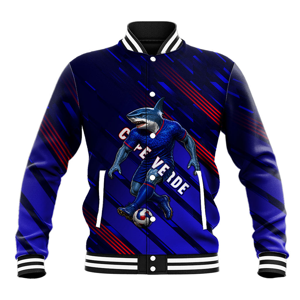 Personalized Cape Verde Soccer Baseball Jacket Shark Mascot Football Player Striped Pattern