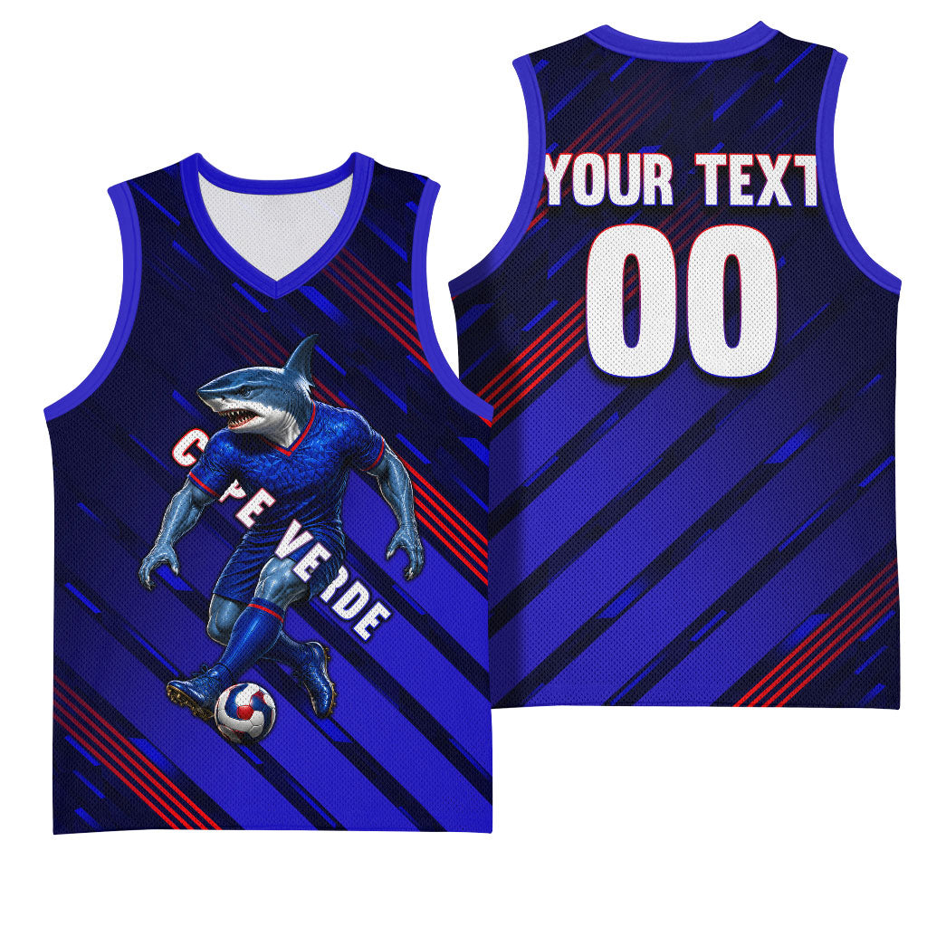 Personalized Cape Verde Soccer Basketball Jersey Shark Mascot Football Player Striped Pattern