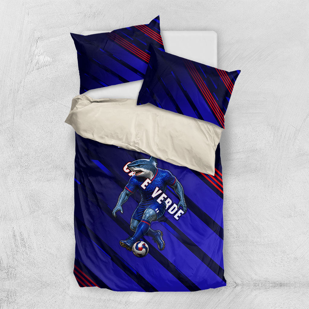 Personalized Cape Verde Soccer Bedding Set Shark Mascot Football Player Striped Pattern