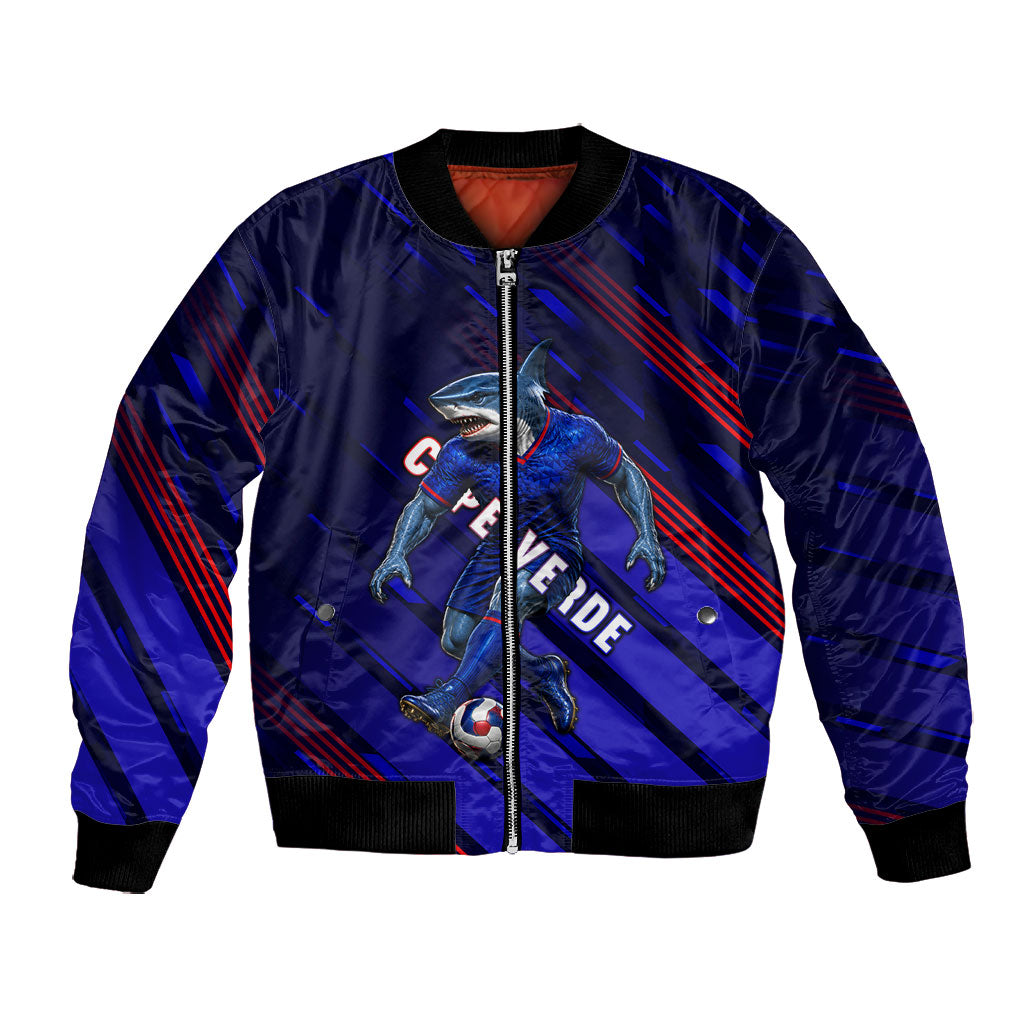 Personalized Cape Verde Soccer Bomber Jacket Shark Mascot Football Player Striped Pattern