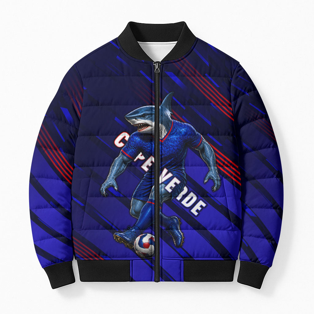 Personalized Cape Verde Soccer Bomber Puffer Jacket Shark Mascot Football Player Striped Pattern