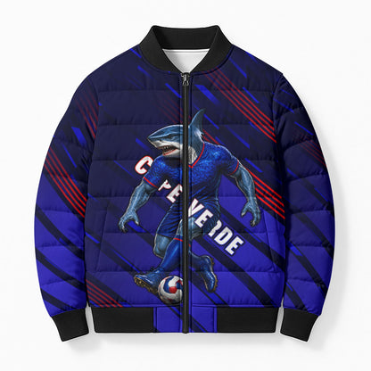 Personalized Cape Verde Soccer Bomber Puffer Jacket Shark Mascot Football Player Striped Pattern