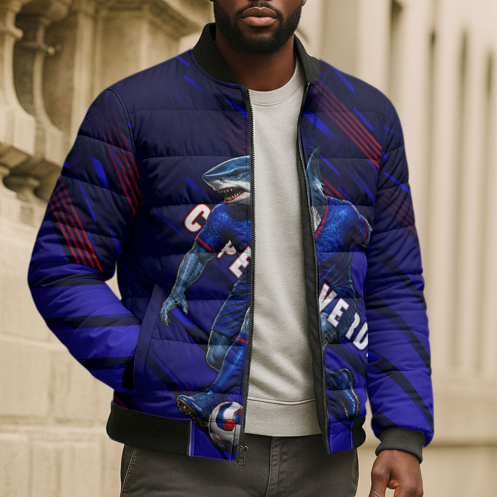 Personalized Cape Verde Soccer Bomber Puffer Jacket Shark Mascot Football Player Striped Pattern