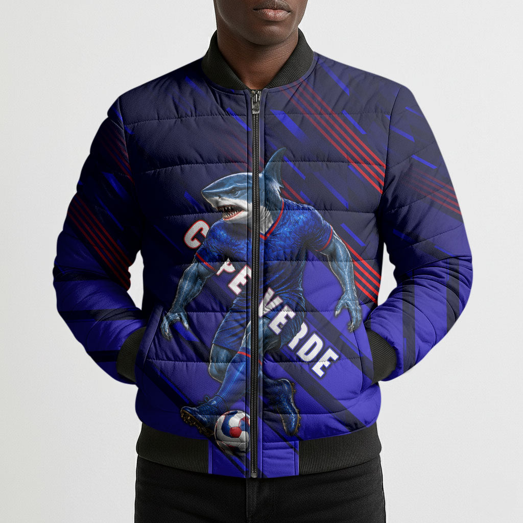 Personalized Cape Verde Soccer Bomber Puffer Jacket Shark Mascot Football Player Striped Pattern