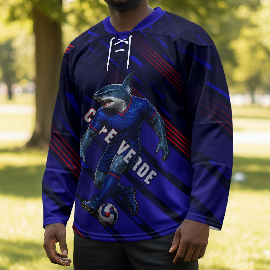 Personalized Cape Verde Soccer Hockey Jersey Shark Mascot Football Player Striped Pattern