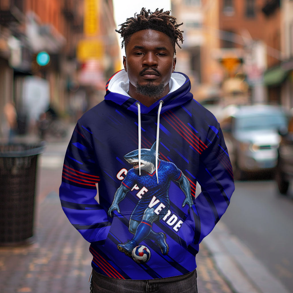 Personalized Cape Verde Soccer Hoodie Shark Mascot Football Player Striped Pattern