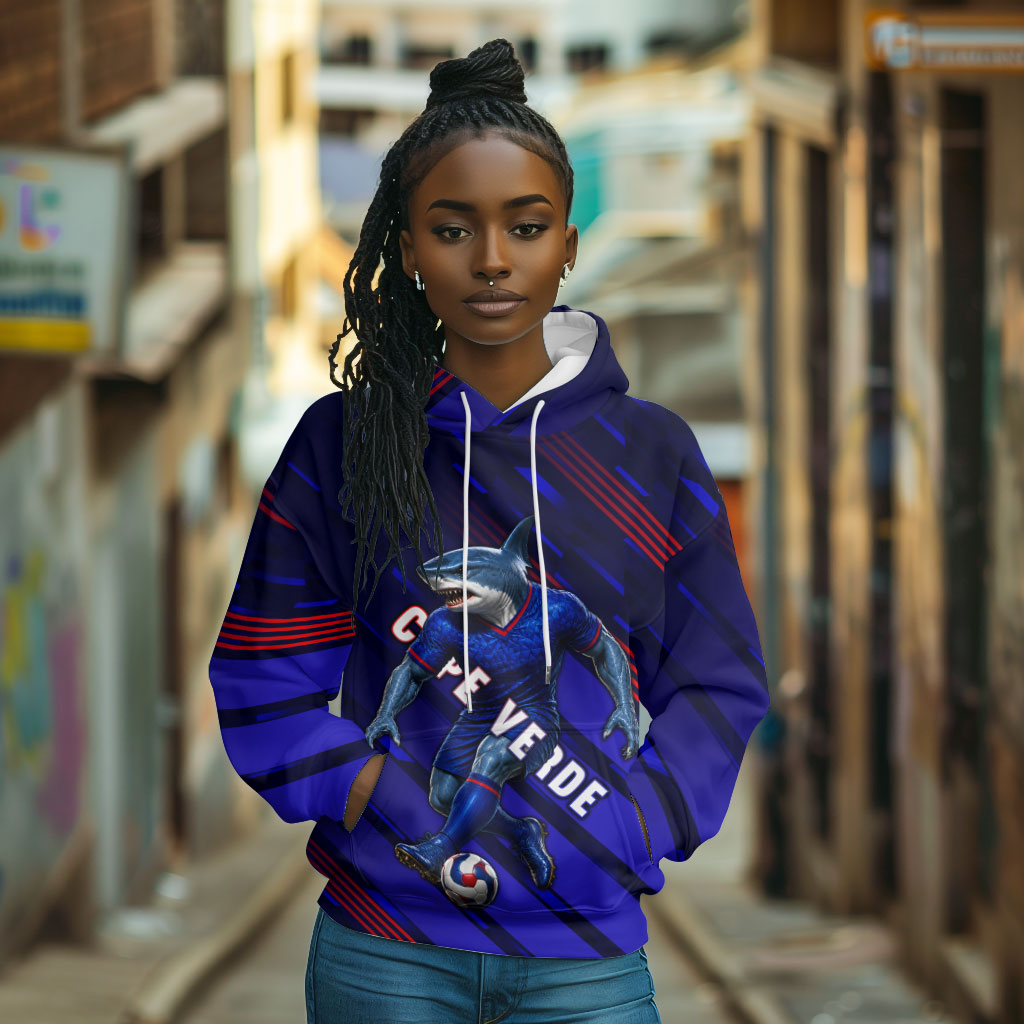 Personalized Cape Verde Soccer Hoodie Shark Mascot Football Player Striped Pattern