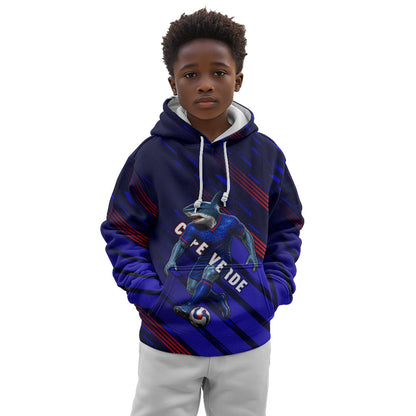 Personalized Cape Verde Soccer Kid Hoodie Shark Mascot Football Player Striped Pattern