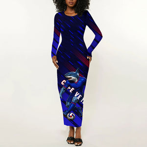 Personalized Cape Verde Soccer Long Sleeve Bodycon Dress Shark Mascot Football Player Striped Pattern