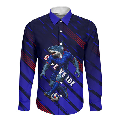 Personalized Cape Verde Soccer Long Sleeve Button Shirt Shark Mascot Football Player Striped Pattern