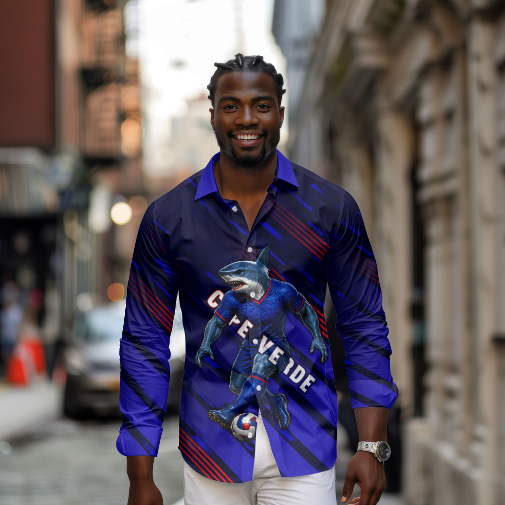 Personalized Cape Verde Soccer Long Sleeve Button Shirt Shark Mascot Football Player Striped Pattern