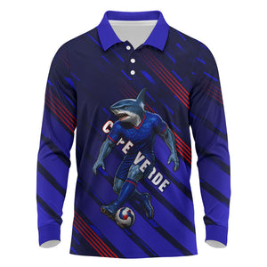 Personalized Cape Verde Soccer Long Sleeve Polo Shirt Shark Mascot Football Player Striped Pattern