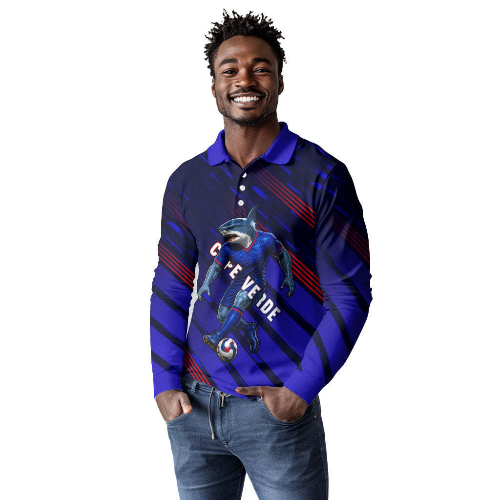 Personalized Cape Verde Soccer Long Sleeve Polo Shirt Shark Mascot Football Player Striped Pattern