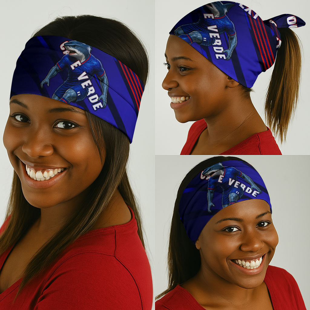 Personalized Cape Verde Soccer Neck Gaiter Shark Mascot Football Player Striped Pattern