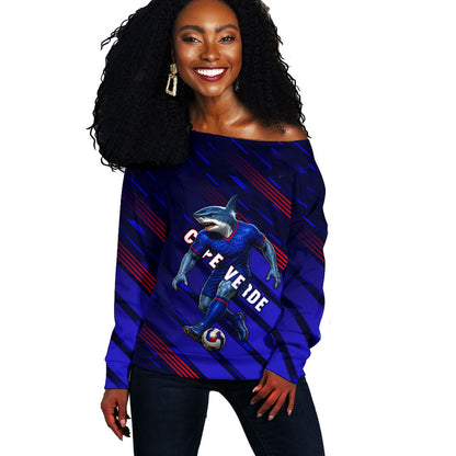 Personalized Cape Verde Soccer Off Shoulder Sweater Shark Mascot Football Player Striped Pattern