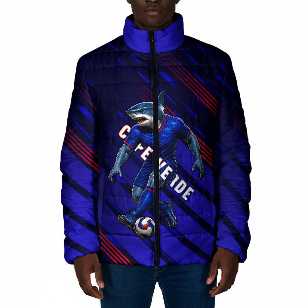 Personalized Cape Verde Soccer Padded Jacket Shark Mascot Football Player Striped Pattern