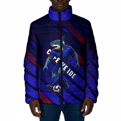 Personalized Cape Verde Soccer Padded Jacket Shark Mascot Football Player Striped Pattern