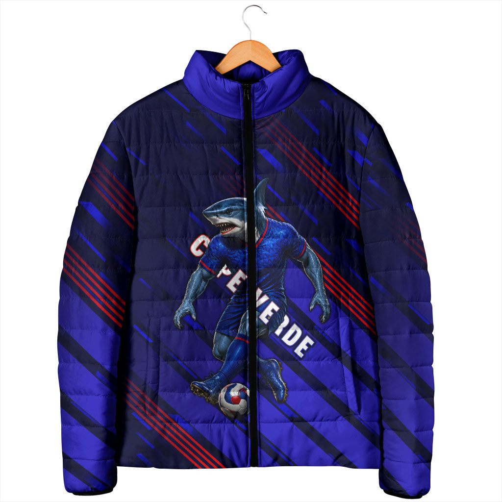Personalized Cape Verde Soccer Padded Jacket Shark Mascot Football Player Striped Pattern