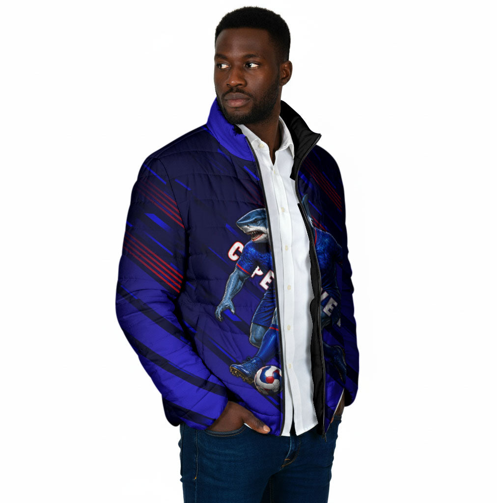 Personalized Cape Verde Soccer Padded Jacket Shark Mascot Football Player Striped Pattern