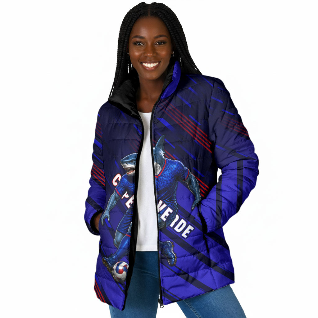 Personalized Cape Verde Soccer Padded Jacket Shark Mascot Football Player Striped Pattern