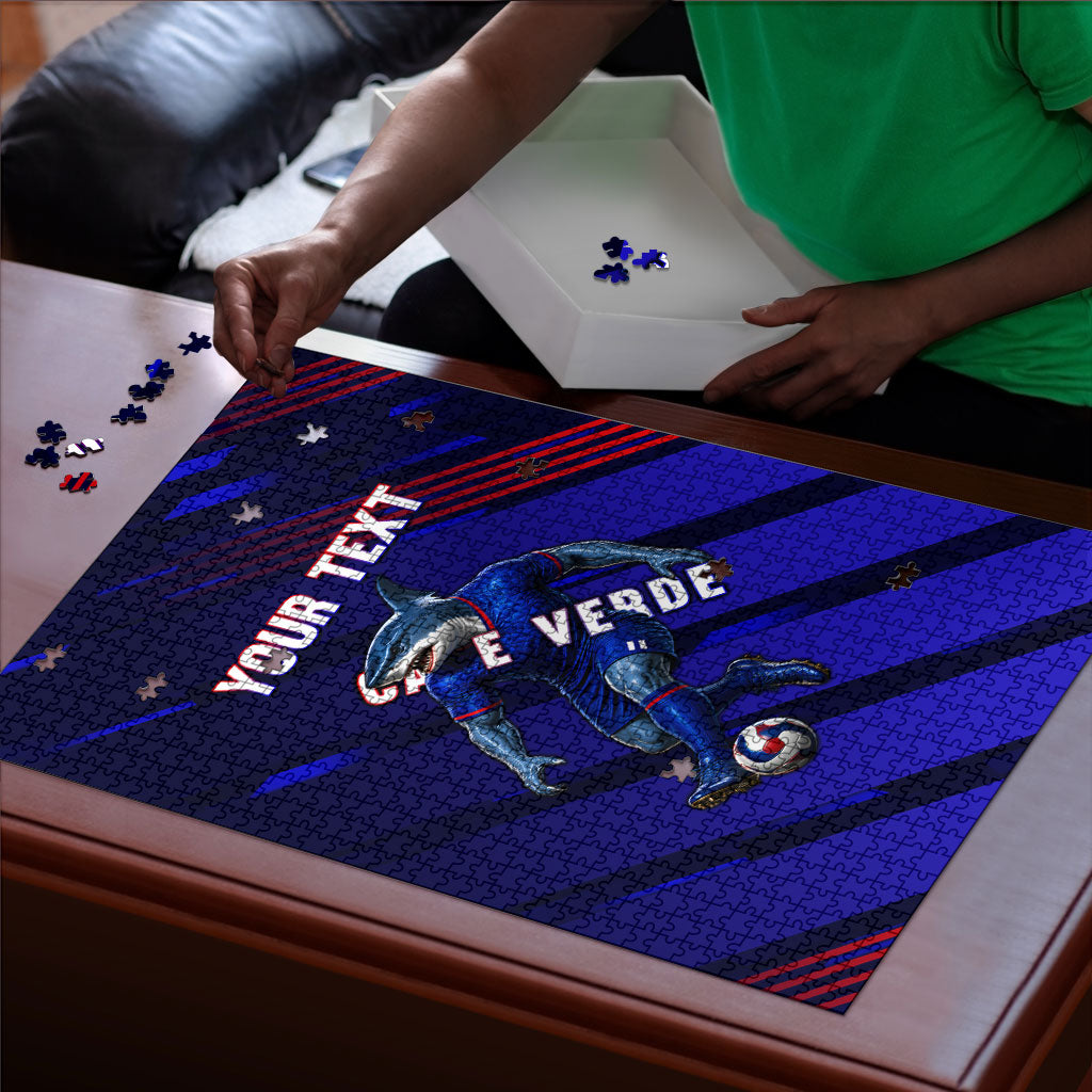Personalized Cape Verde Soccer Puzzle Shark Mascot Football Player Striped Pattern