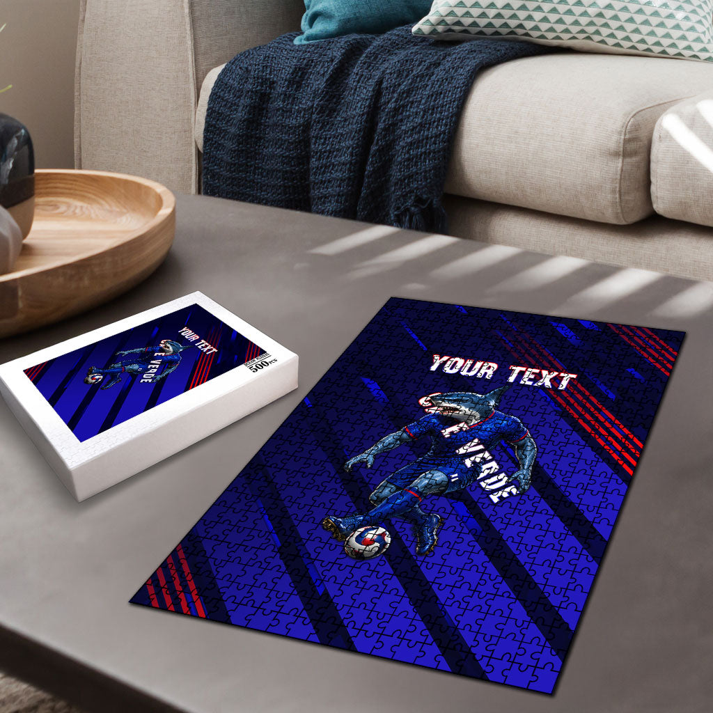 Personalized Cape Verde Soccer Puzzle Shark Mascot Football Player Striped Pattern