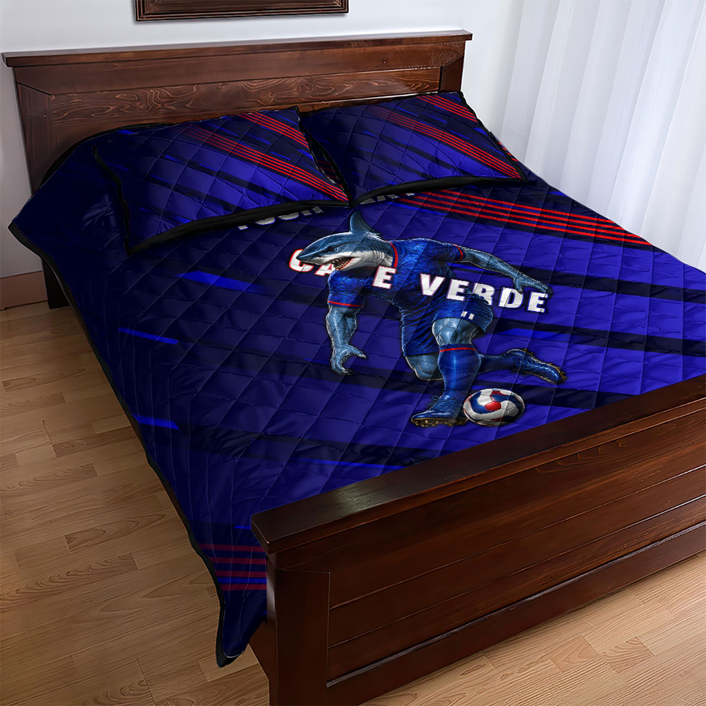 Personalized Cape Verde Soccer Quilt Bed Set Shark Mascot Football Player Striped Pattern