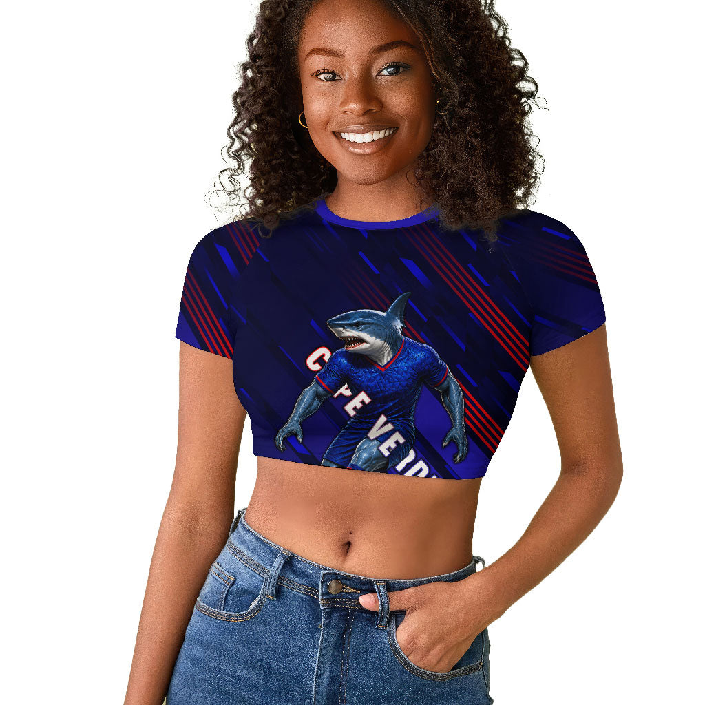 Personalized Cape Verde Soccer Raglan Cropped T shirt Shark Mascot Football Player Striped Pattern