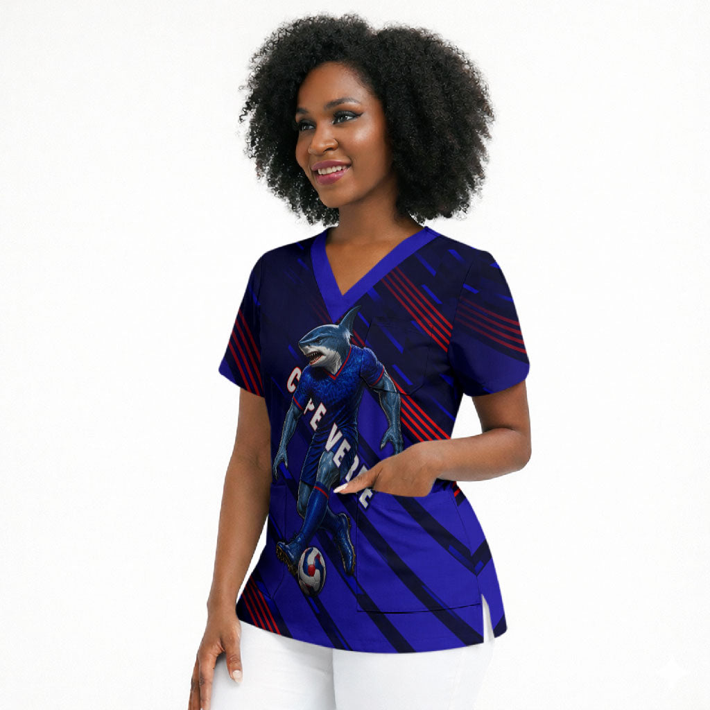 Personalized Cape Verde Soccer Scrub Top Shark Mascot Football Player Striped Pattern