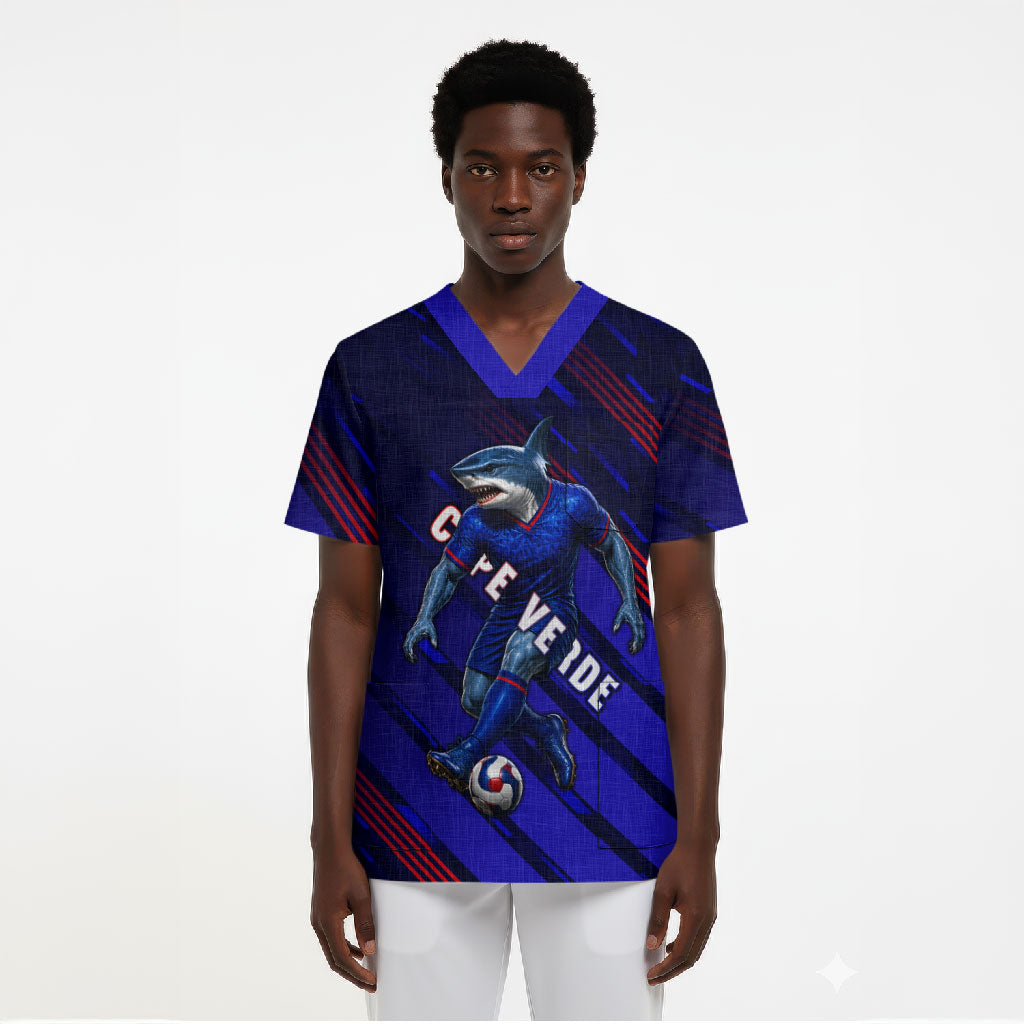 Personalized Cape Verde Soccer Scrub Top Shark Mascot Football Player Striped Pattern