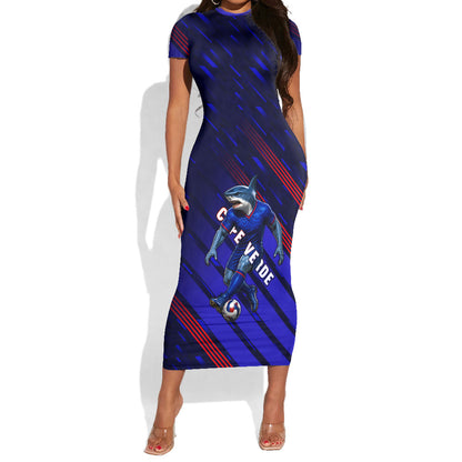 Personalized Cape Verde Soccer Short Sleeve Bodycon Dress Shark Mascot Football Player Striped Pattern