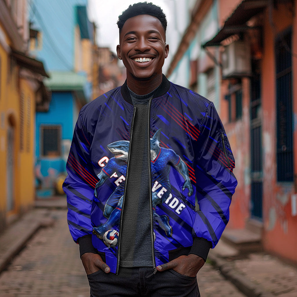 Personalized Cape Verde Soccer Sleeve Zip Bomber Jacket Shark Mascot Football Player Striped Pattern