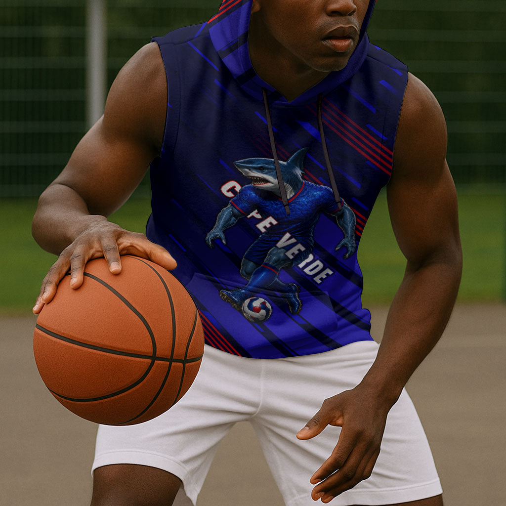 Personalized Cape Verde Soccer Sleeveless Hoodie Shark Mascot Football Player Striped Pattern