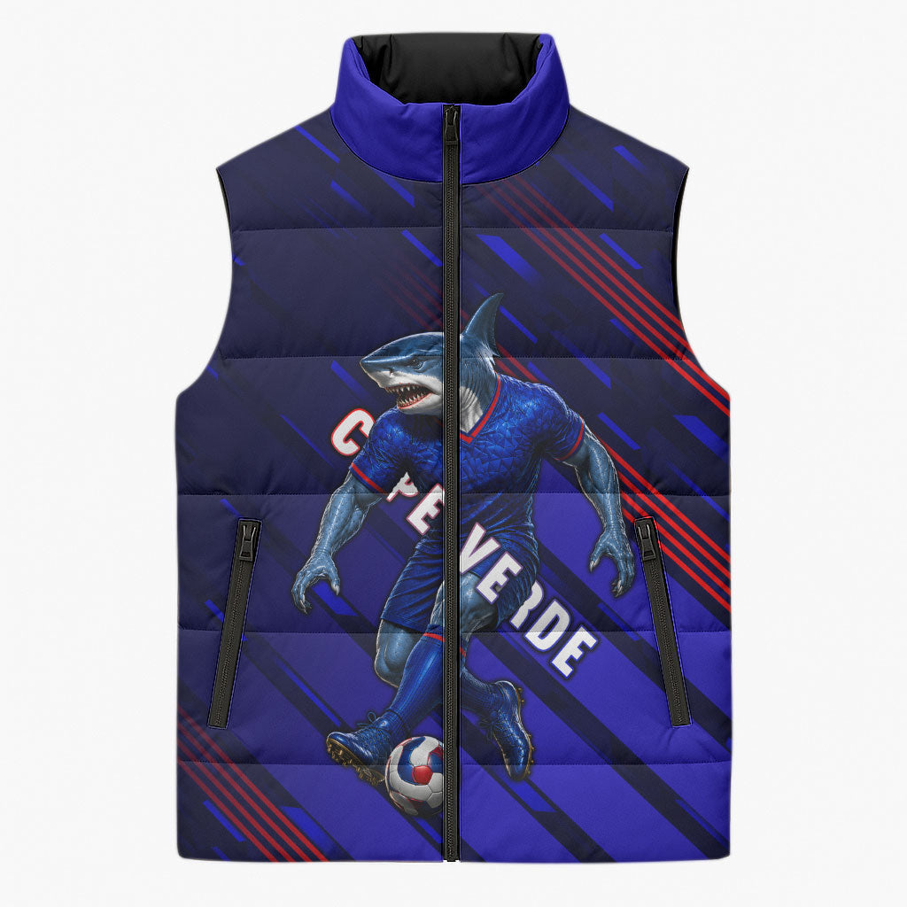 Personalized Cape Verde Soccer Sleeveless Puffer Jacket Shark Mascot Football Player Striped Pattern