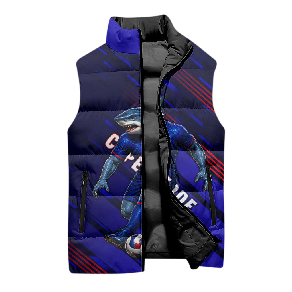 Personalized Cape Verde Soccer Sleeveless Puffer Jacket Shark Mascot Football Player Striped Pattern