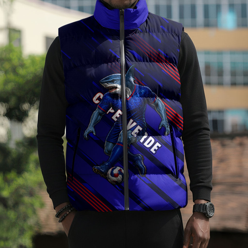 Personalized Cape Verde Soccer Sleeveless Puffer Jacket Shark Mascot Football Player Striped Pattern