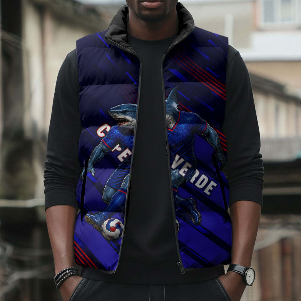 Personalized Cape Verde Soccer Sleeveless Puffer Jacket Shark Mascot Football Player Striped Pattern