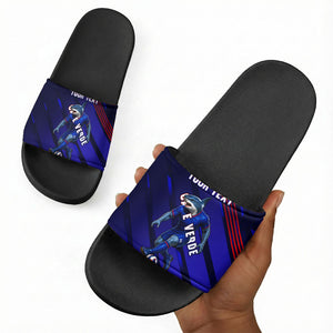 Personalized Cape Verde Soccer Slide Sandals Shark Mascot Football Player Striped Pattern