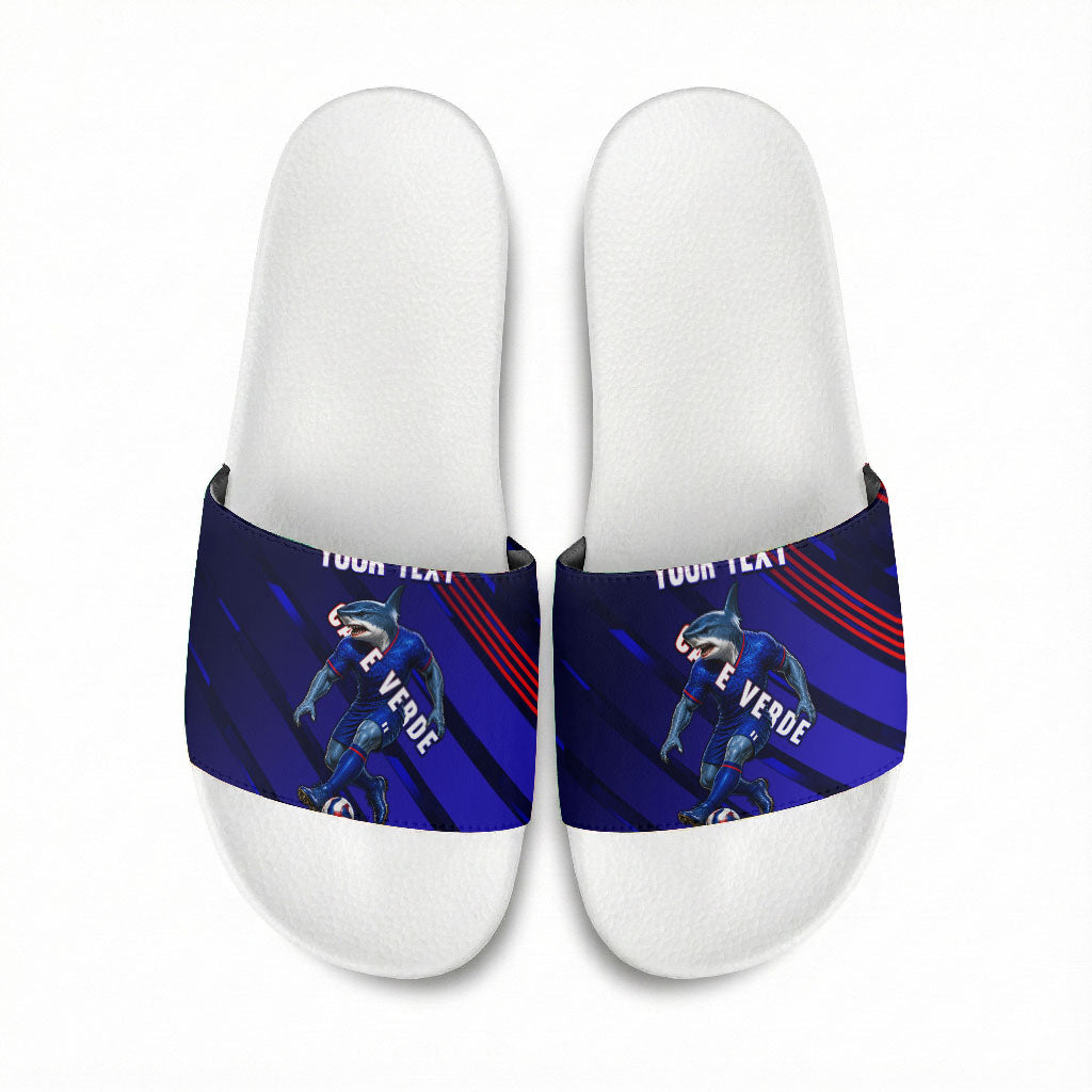 Personalized Cape Verde Soccer Slide Sandals Shark Mascot Football Player Striped Pattern