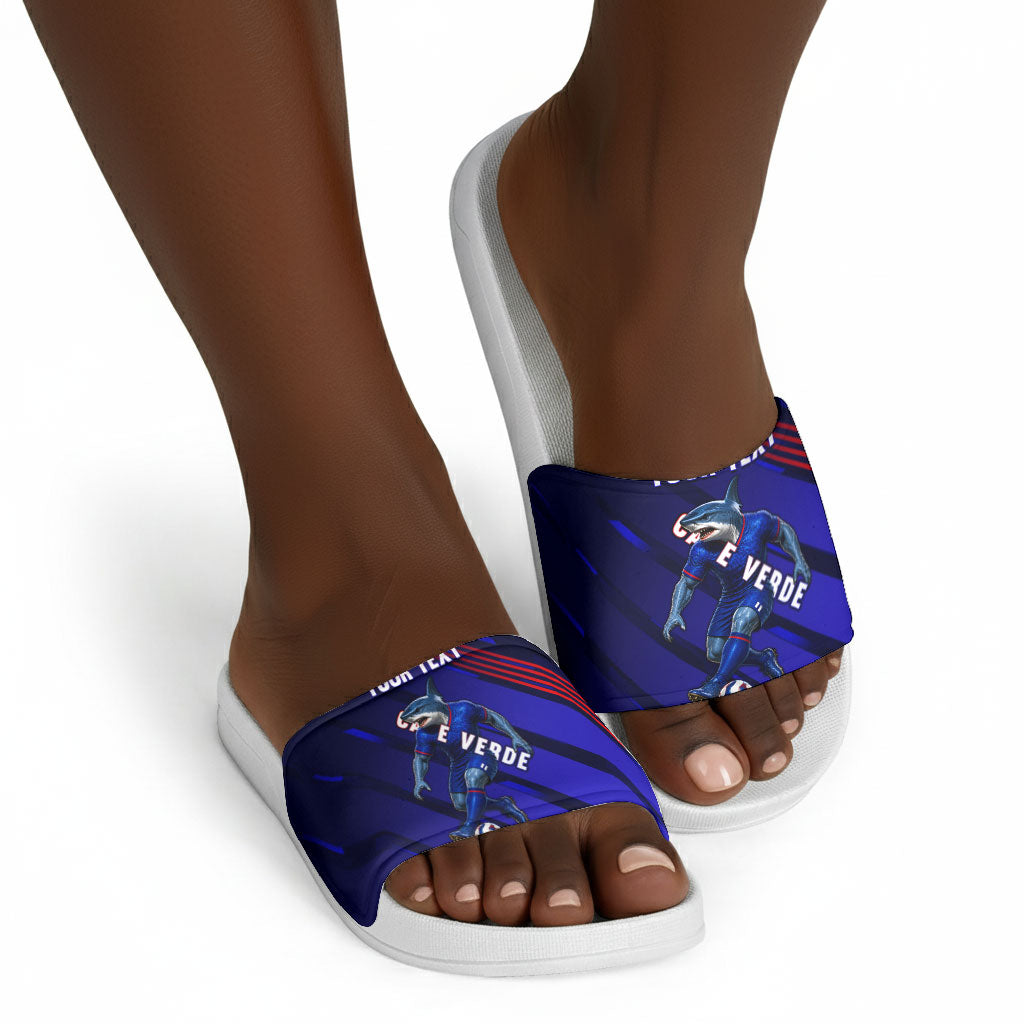 Personalized Cape Verde Soccer Slide Sandals Shark Mascot Football Player Striped Pattern