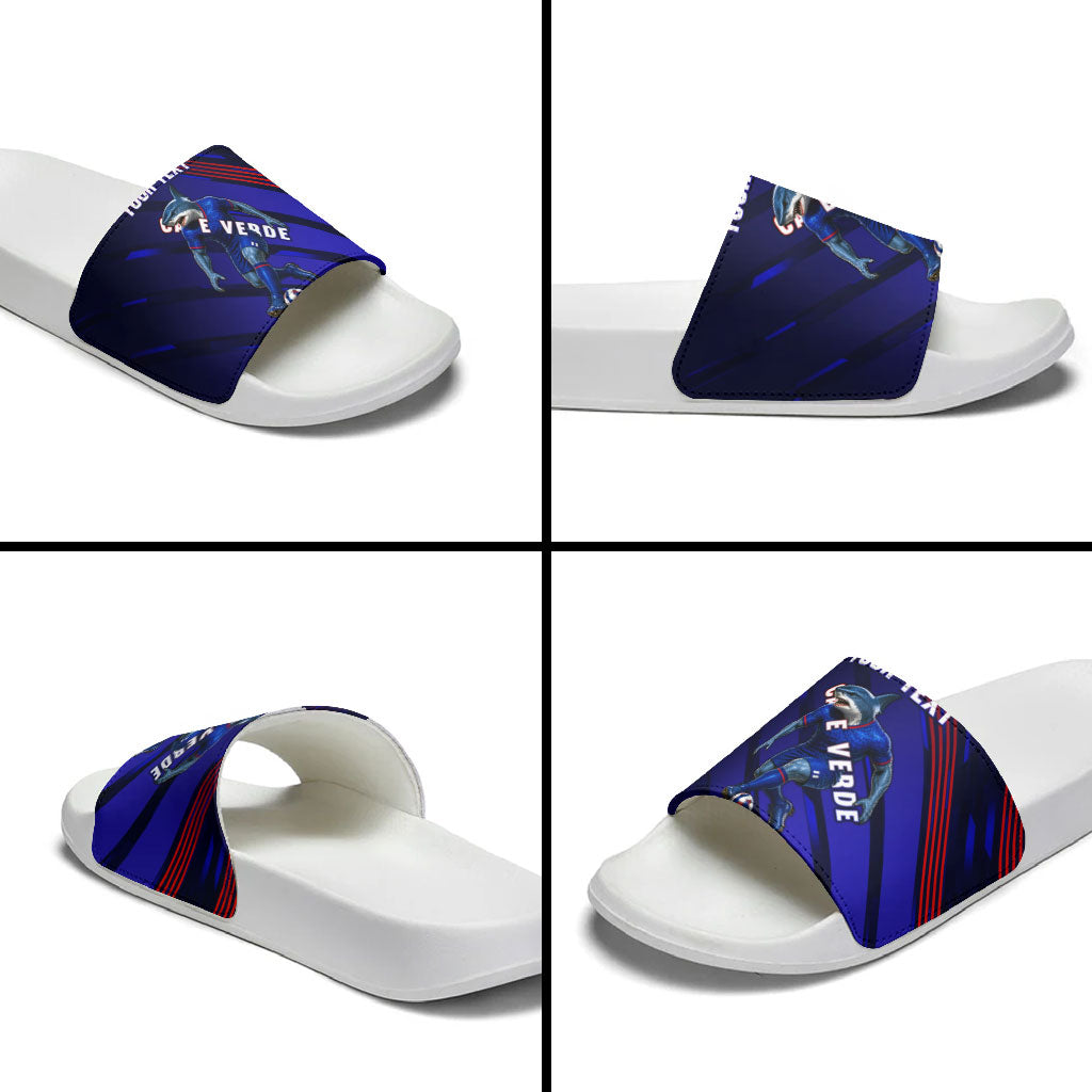 Personalized Cape Verde Soccer Slide Sandals Shark Mascot Football Player Striped Pattern
