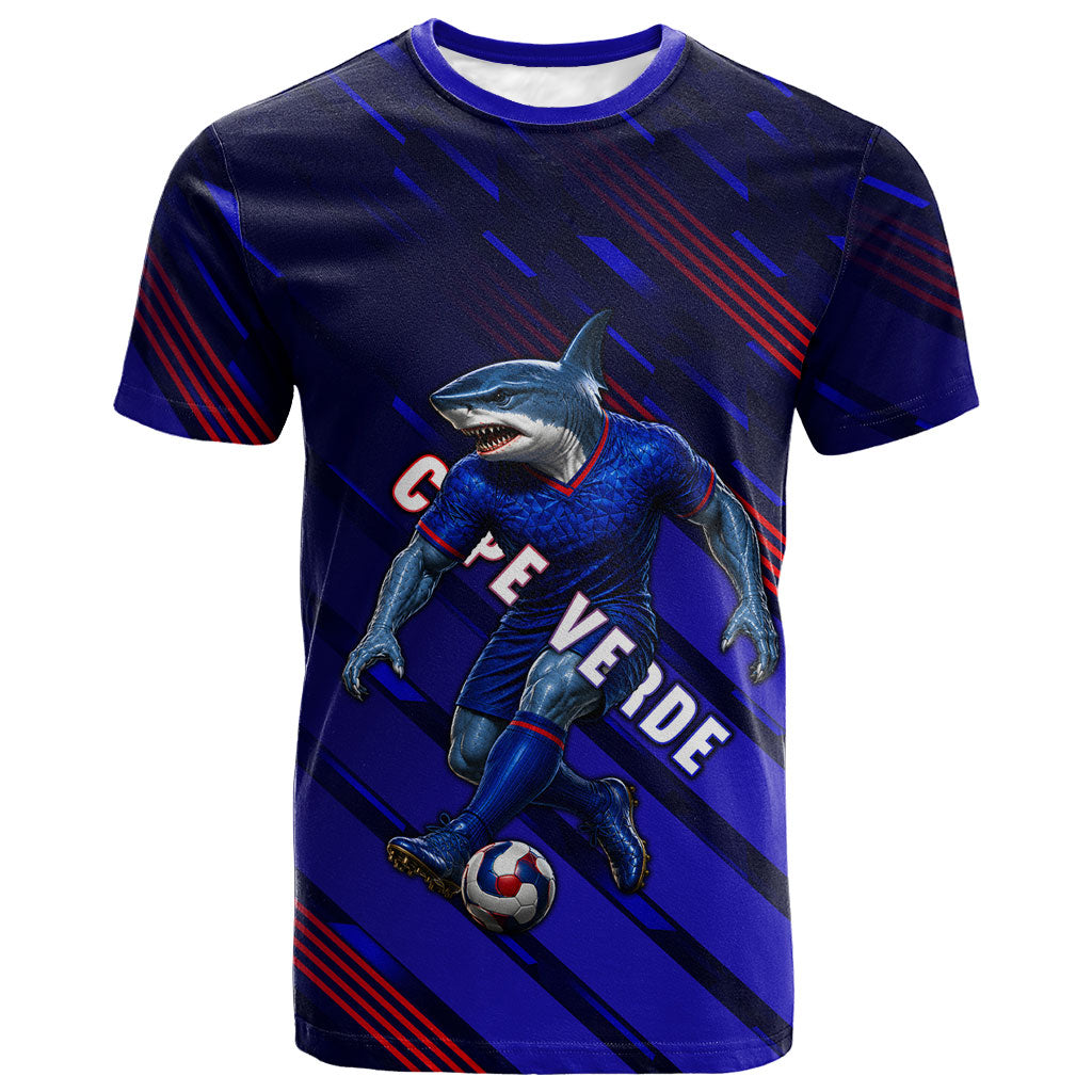 Personalized Cape Verde Soccer T shirt Shark Mascot Football Player Striped Pattern