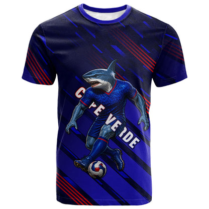 Personalized Cape Verde Soccer T shirt Shark Mascot Football Player Striped Pattern