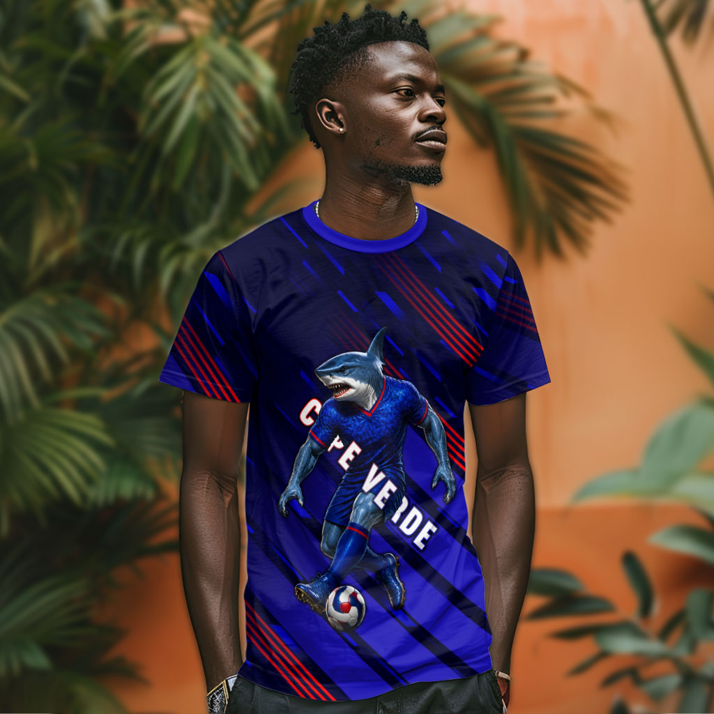 Personalized Cape Verde Soccer T shirt Shark Mascot Football Player Striped Pattern