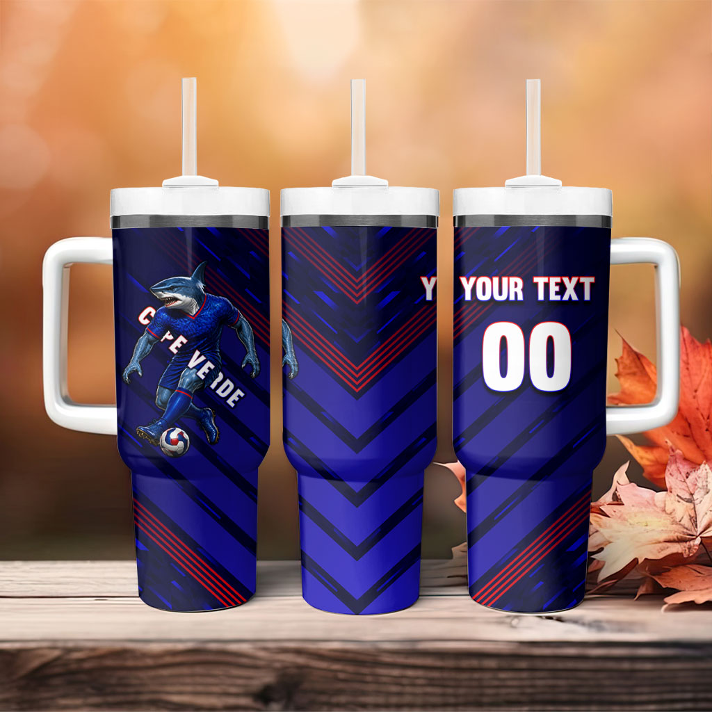 Personalized Cape Verde Soccer Tumbler With Handle Shark Mascot Football Player Striped Pattern