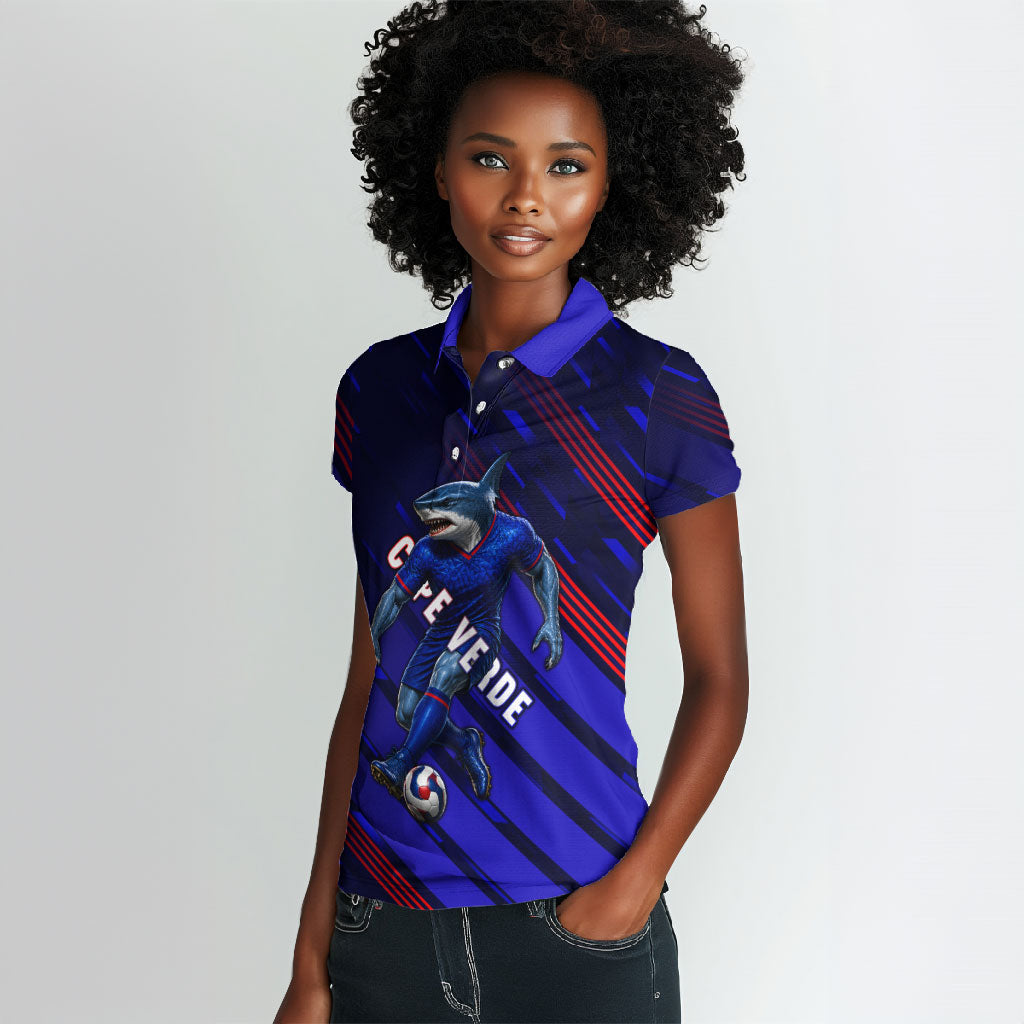 Personalized Cape Verde Soccer Women Polo Shirt Shark Mascot Football Player Striped Pattern